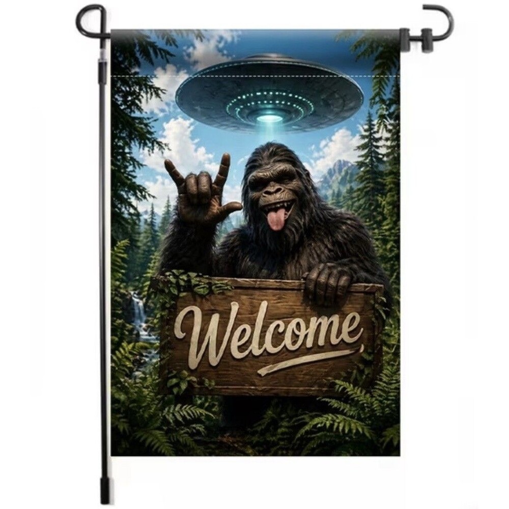 Bigfoot Garden Flag UAP Alien Spaceship Garden Flag with Sasqatch 2D Funny